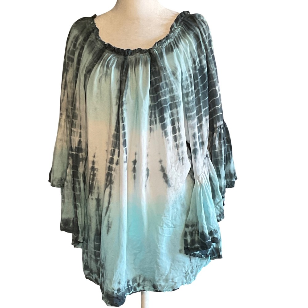 Elan women's blue tie-dye ruffle sheer oversized tunic dress off shoulder boho